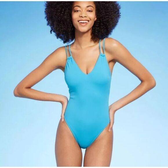 Shade & Shore Womens Turquoise Tunneled Plunge One Piece Swimsuit, X-Small - Picture 1 of 7